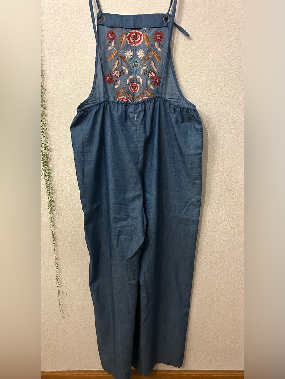Xhileration Faux Denim Blue Embroidered Lightweight Overalls / Bib Jumpsuit - Picture 2 of 3
